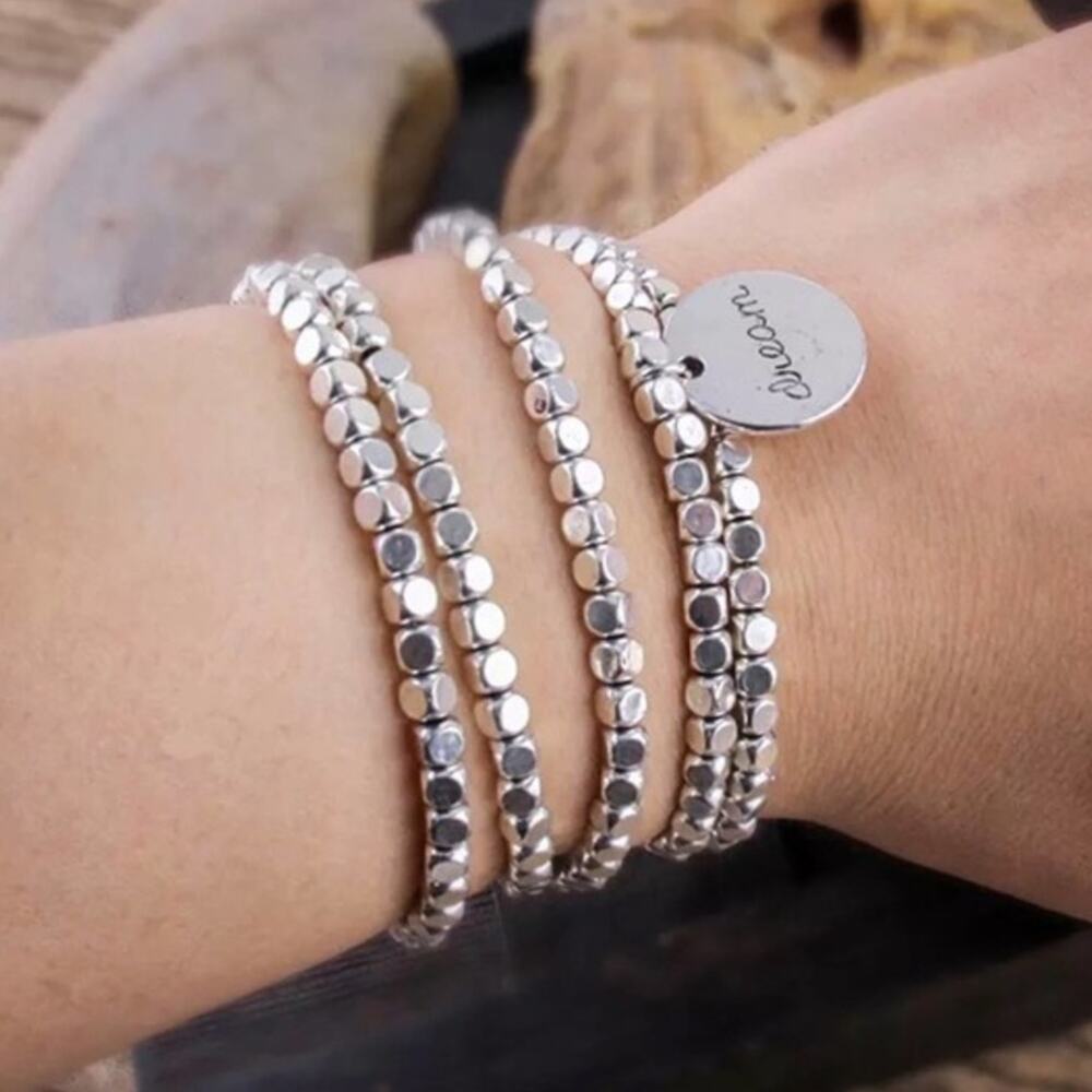 silver faceted square beaded necklace‎ or wrap bracelet 34" long
